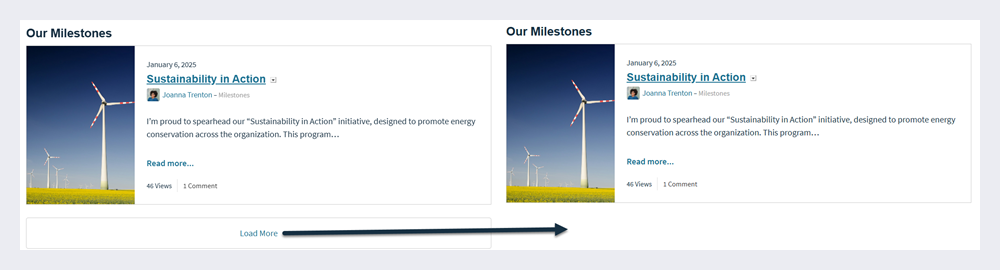 Comparison of Blog Article widget with and without the Hide Load More enhancement.