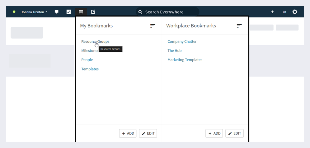 Bookmarks menu with links that open in new tab when selected.