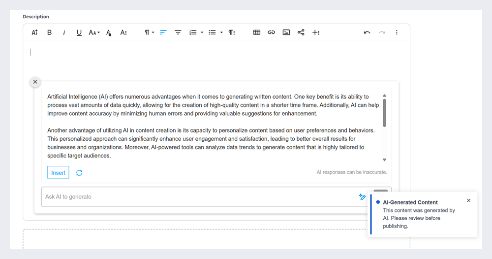 Using the AI Assistant's Ask Anything feature to create content.