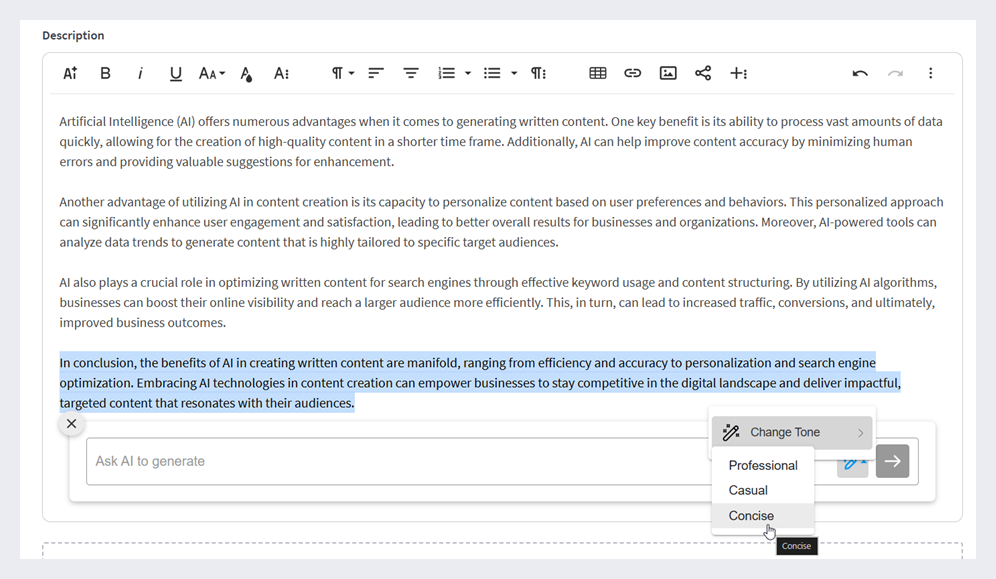 Using the AI Assistant to change the tone of a paragraph.