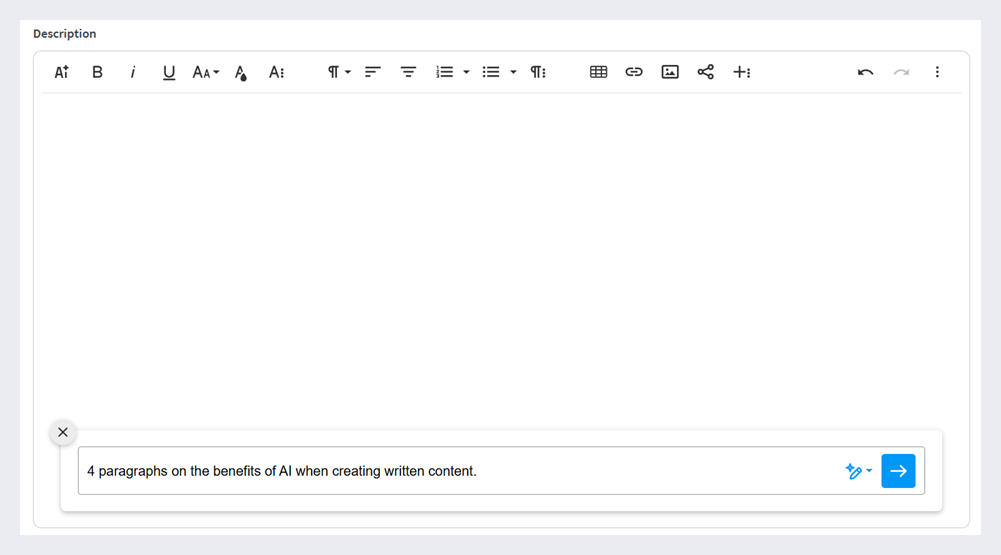 AI Assistant prompt window to create content.